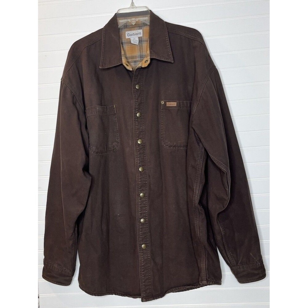 Carhartt Fleece Flannel Lined Chore Barn Coat Men’s XLT Brown Snap Work Outdoors